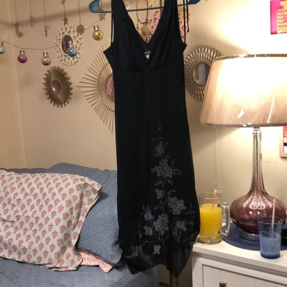 black dress with silver flowers Elegant Mini Dress With 3D Silver Flower Embellishments - Black